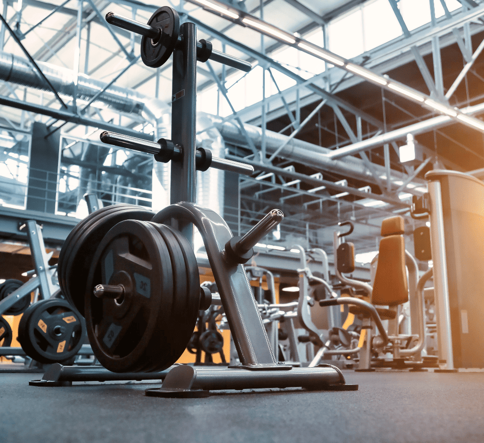 Gym weight rack on rubber flooring